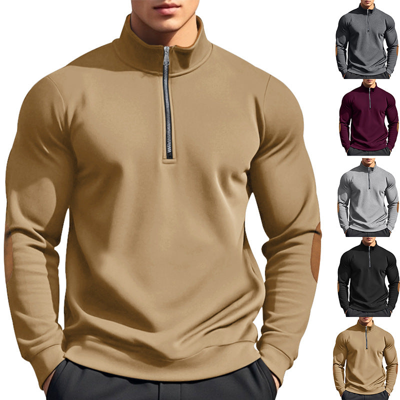 Herren nan halbhoher Zip-Pullover mit Stehkragen, Ellbogen-Patches und modernem Regular Fit Drune