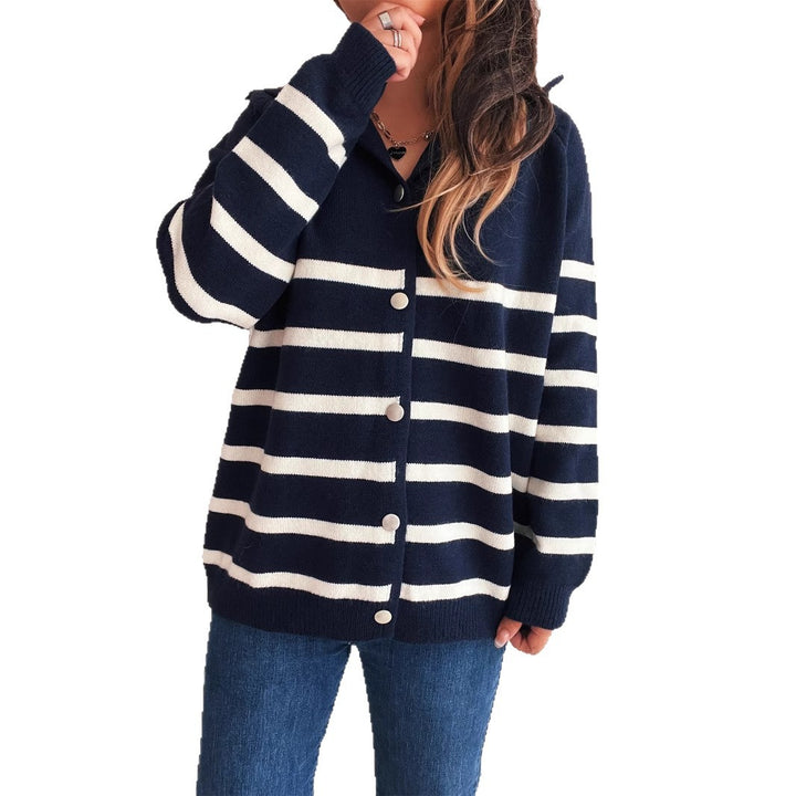 Damen gestreifter Strickcardigan mit Kapuze und Knopfdetails Drune