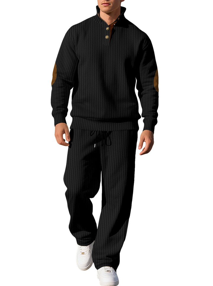 Herren nan feiner Rippstrickpullover mit halber Knopfleiste hohem Stehkragen und kontrastierendem Suedine-Ellbogenbesatz Drune