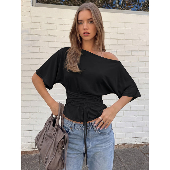 Damen asymmetrisches Crop-Top mit weitem Schnitt und fließenden Ärmeln Drune