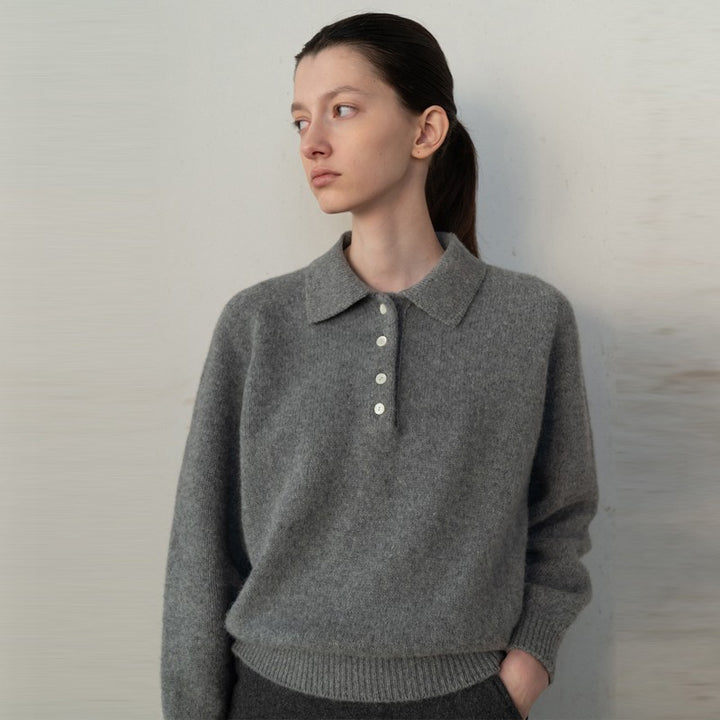 Damen lässiger Pullover mit Polokragen und eleganten Knopfdetails Drune