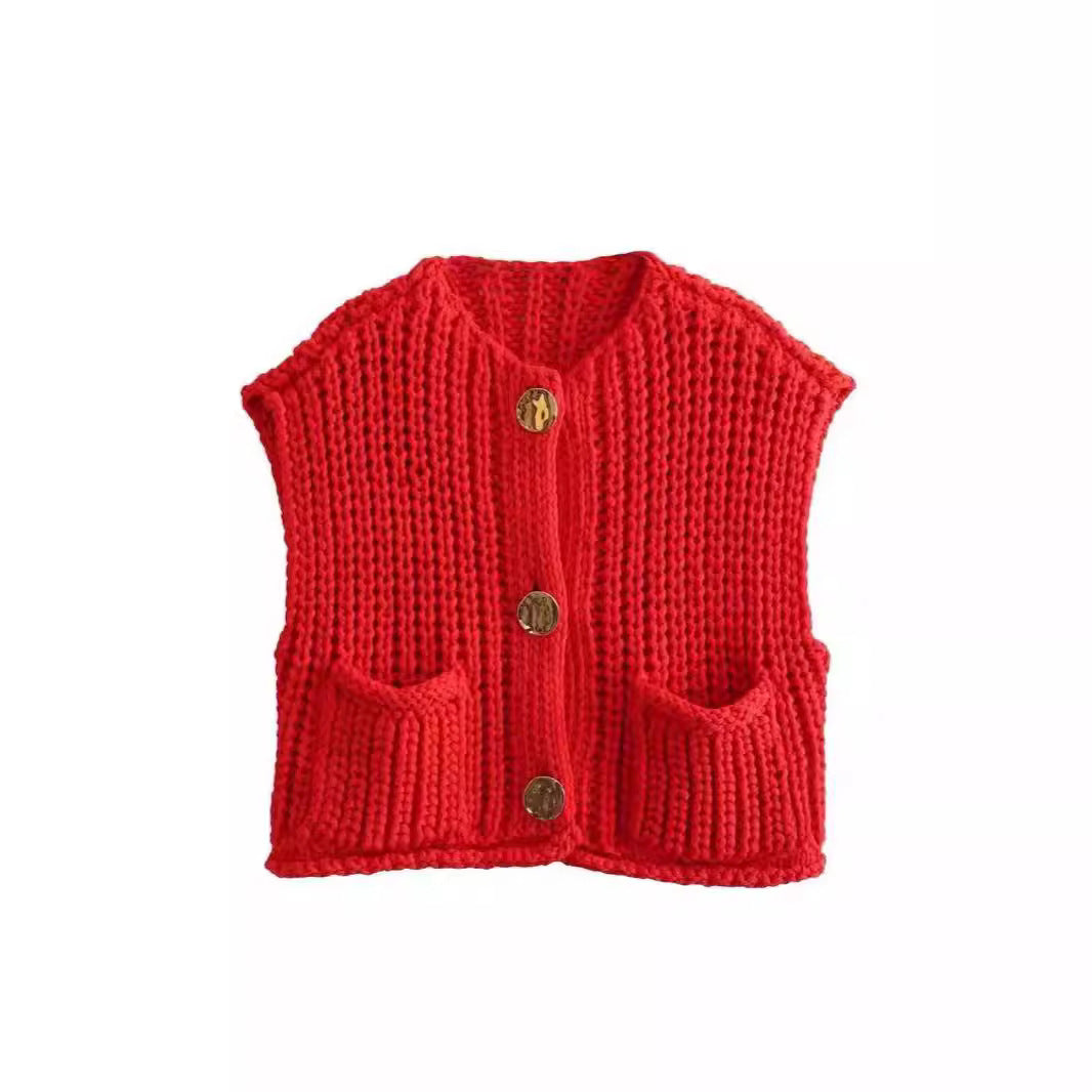 Damen modische Strickweste mit dekorativen Knopfdetails und praktischen Taschen Drune