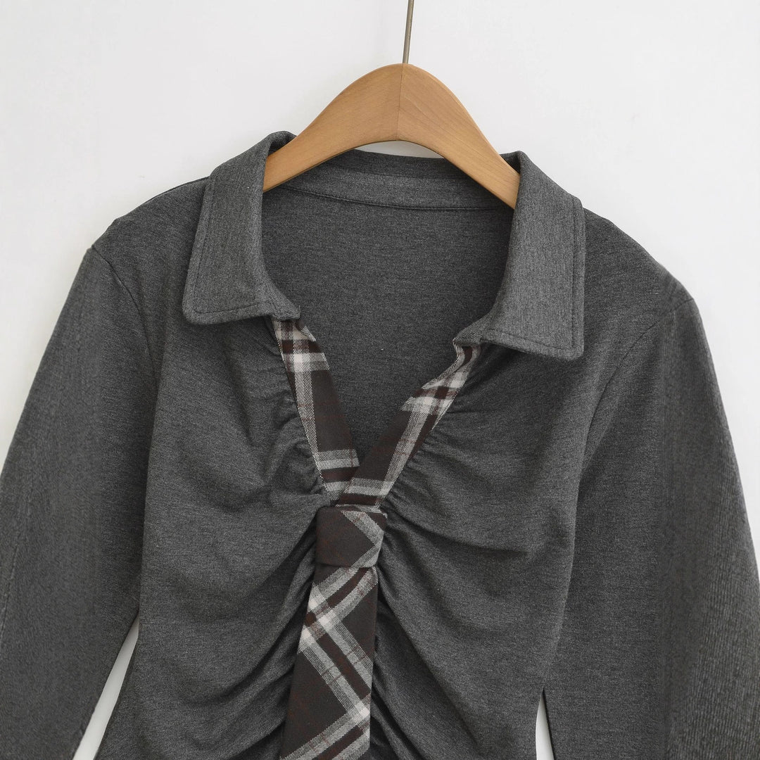 Damen Langarmshirt mit gerafftem Design und modernem Hemdkragen Drune