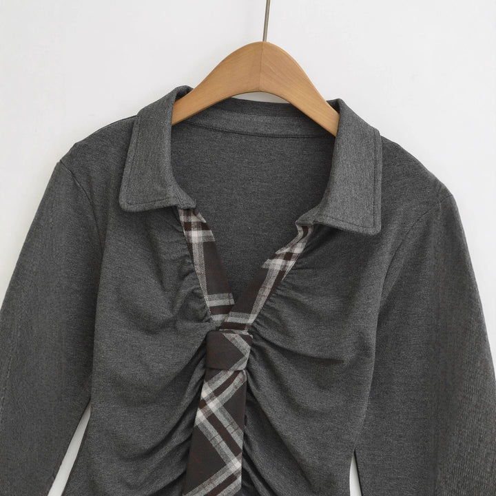 Damen Langarmshirt mit gerafftem Design und modernem Hemdkragen Drune