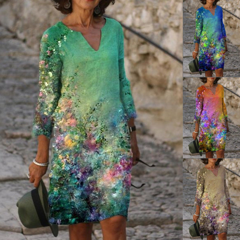 Damen elegantes Sommerkleid mit V-Ausschnitt und 3/4-Ärmeln Drune