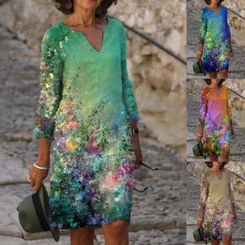 Damen elegantes Sommerkleid mit V-Ausschnitt und 3/4-Ärmeln Drune