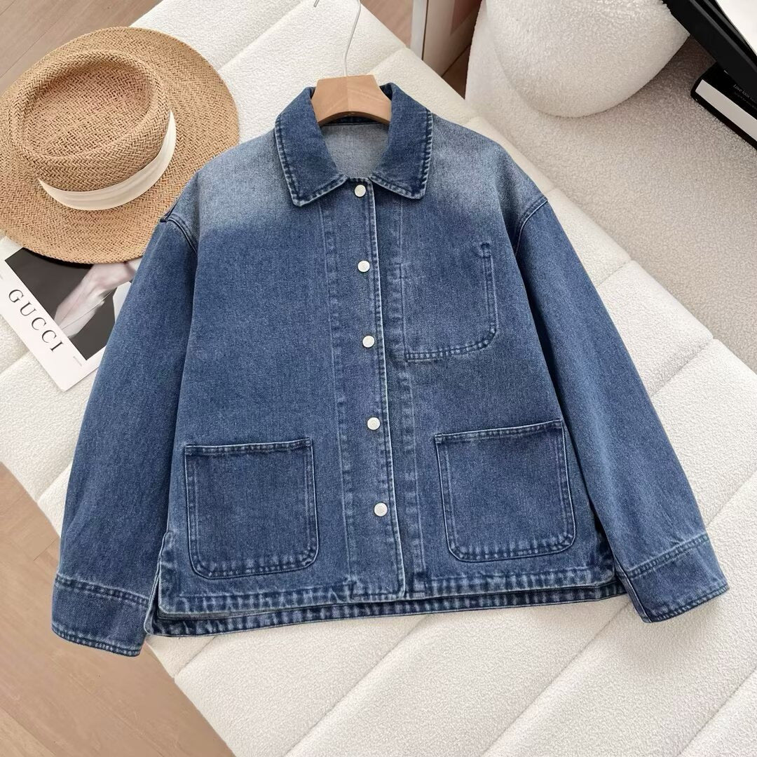 Damen lässige Jeansjacke mit modernen Taschen Drune