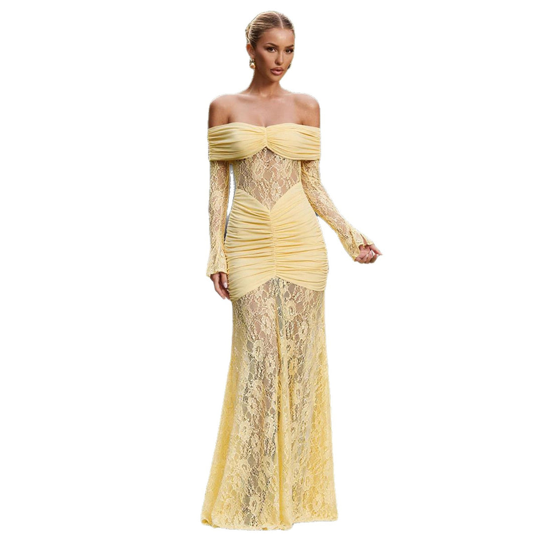 Damen Elegantes Spitzen Abendkleid mit schulterfreier Silhouette und raffinierten Rüschendetails Drune