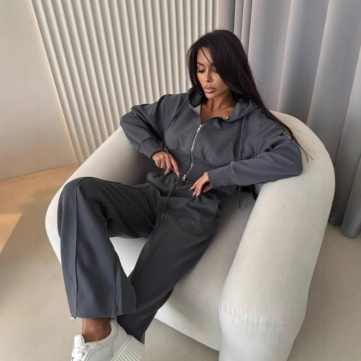 Damen sportliches Hoodie-Set mit weitem Schnitt und elastischem Bund Drune