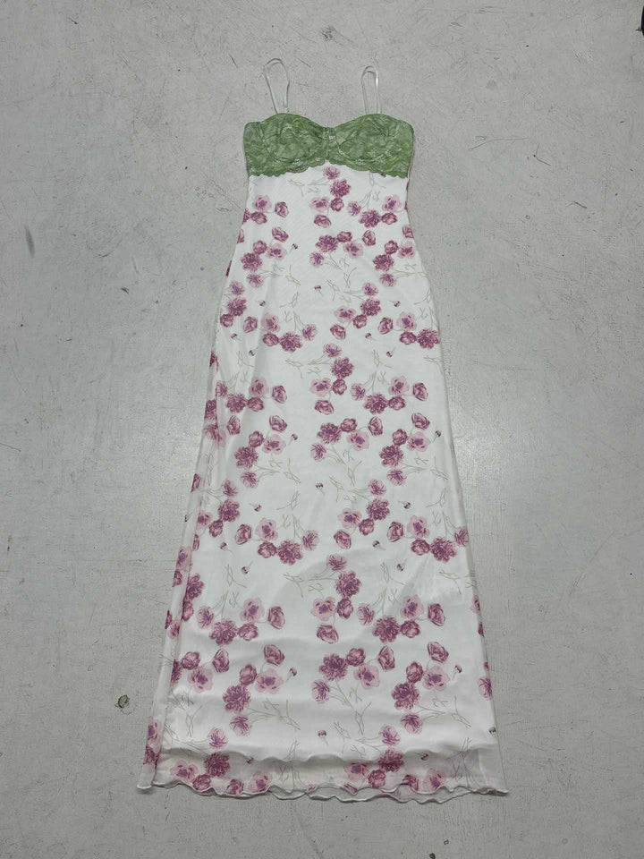 Damen Maxikleid mit floralem Spitzenoberteil und zarten Spaghettiträgern Drune