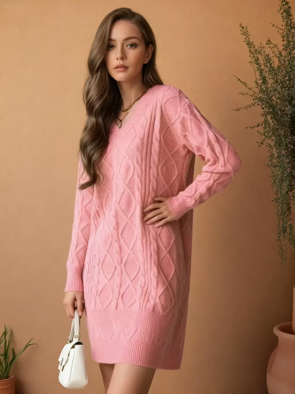 Damen Strickkleid mit tiefem V-Ausschnitt und strukturiertem Design Drune