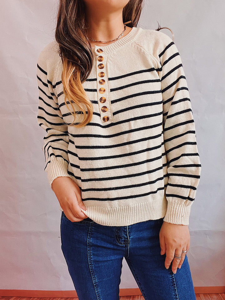 Damen gestreifter Strickpullover mit Knopfdetails und lässigem Schnitt Drune