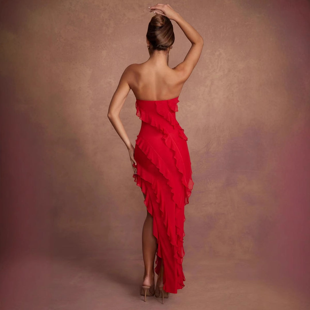 Damen Off-Shoulder Minikleid mit asymmetrischem Rüschensaum Drune