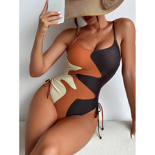 Damen Einteiler Badeanzug mit asymmetrischem Muster und verstellbarem Bindeband Drune