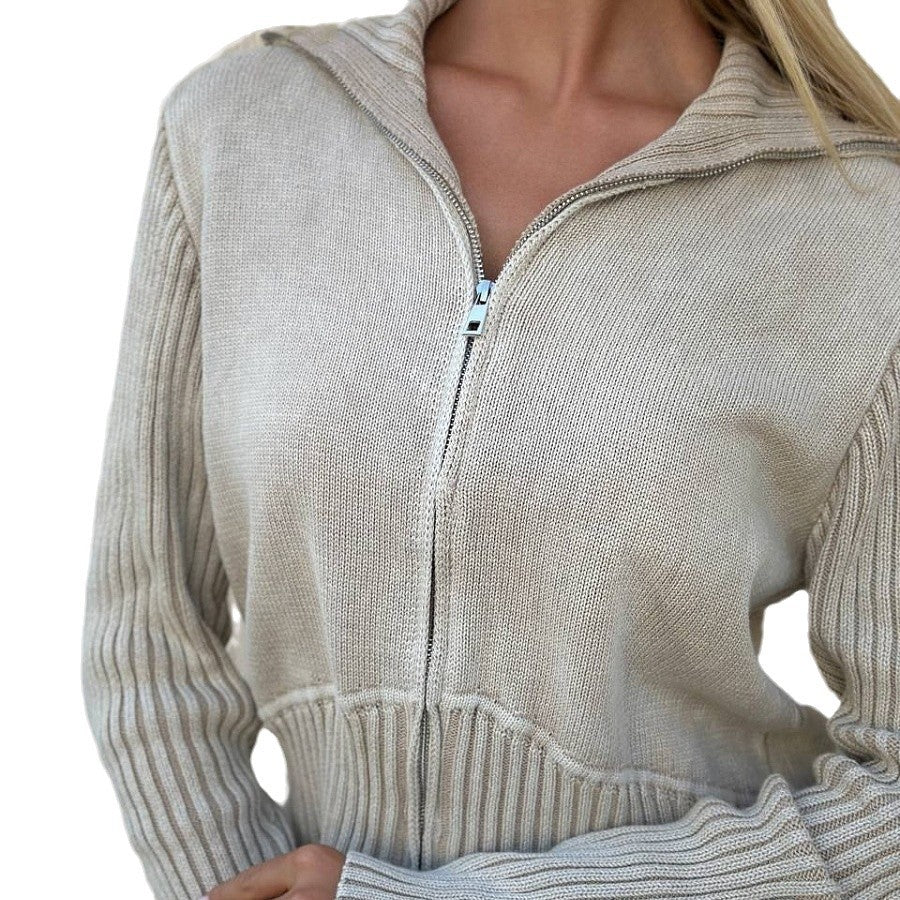 Damen kurzärmlige Strickjacke mit Reißverschluss und Rippstruktur Drune