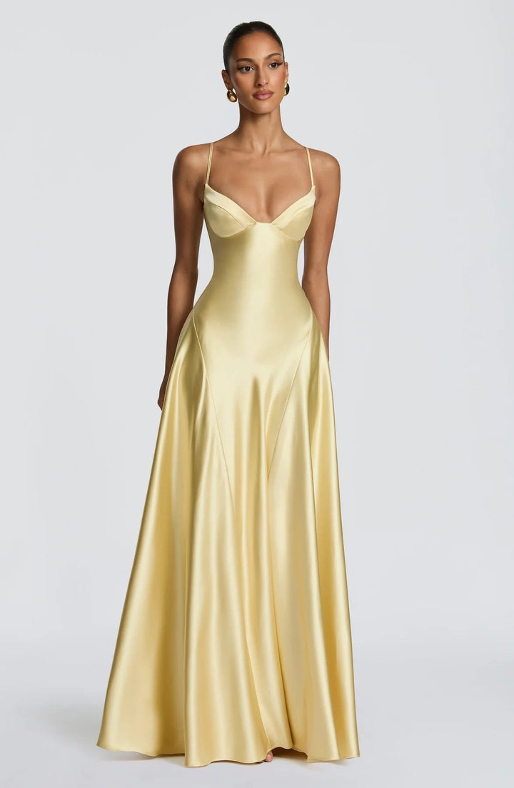 Damen elegantes Satin-Maxikleid mit raffinierten Spaghettiträgern Drune