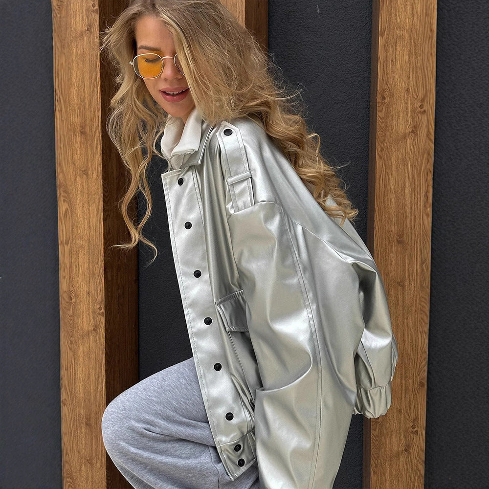 Damen Oversized Kunstlederjacke mit modischem Schnitt und eleganten Details Drune