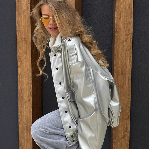 Damen Oversized Kunstlederjacke mit modischem Schnitt und eleganten Details Drune