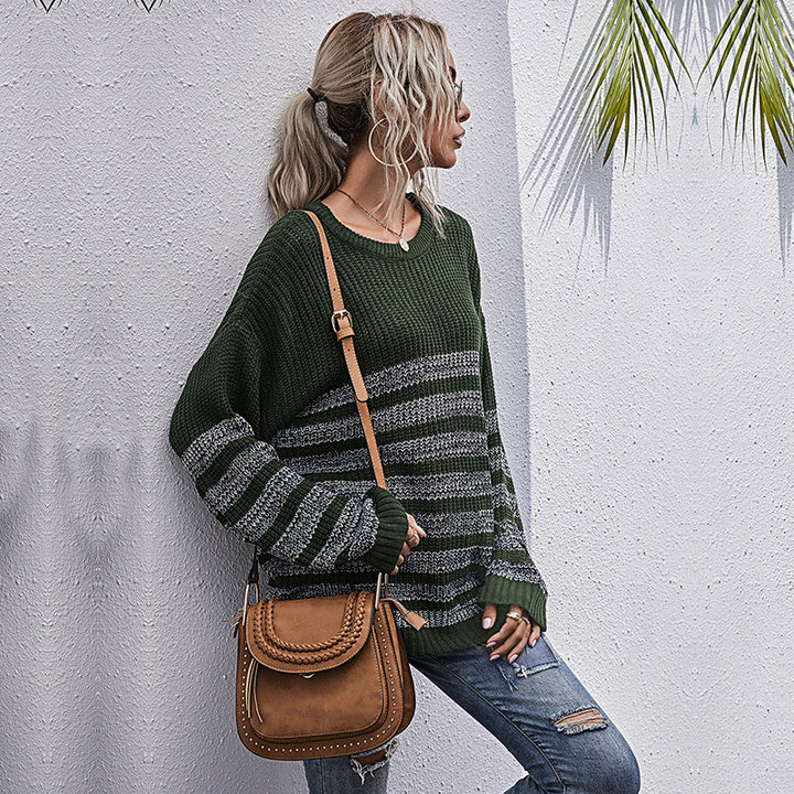 Damen lässiger Strickpullover mit modischem Streifenmuster und weitem Schnitt Drune