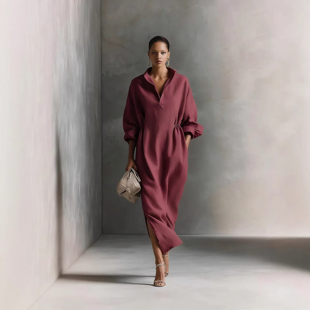 Damen stilvolles Midikleid mit Bindegürtel und klassischem Kragen Drune