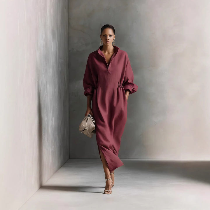 Damen stilvolles Midikleid mit Bindegürtel und klassischem Kragen Drune