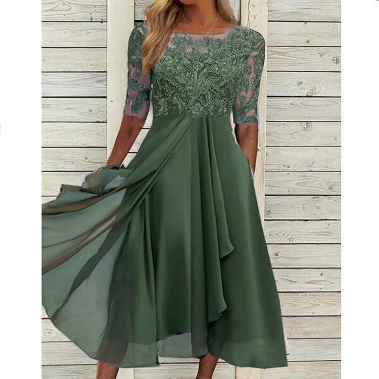 Damen elegantes Cocktailkleid mit floralem Spitzenoberteil und fließendem Rock Drune