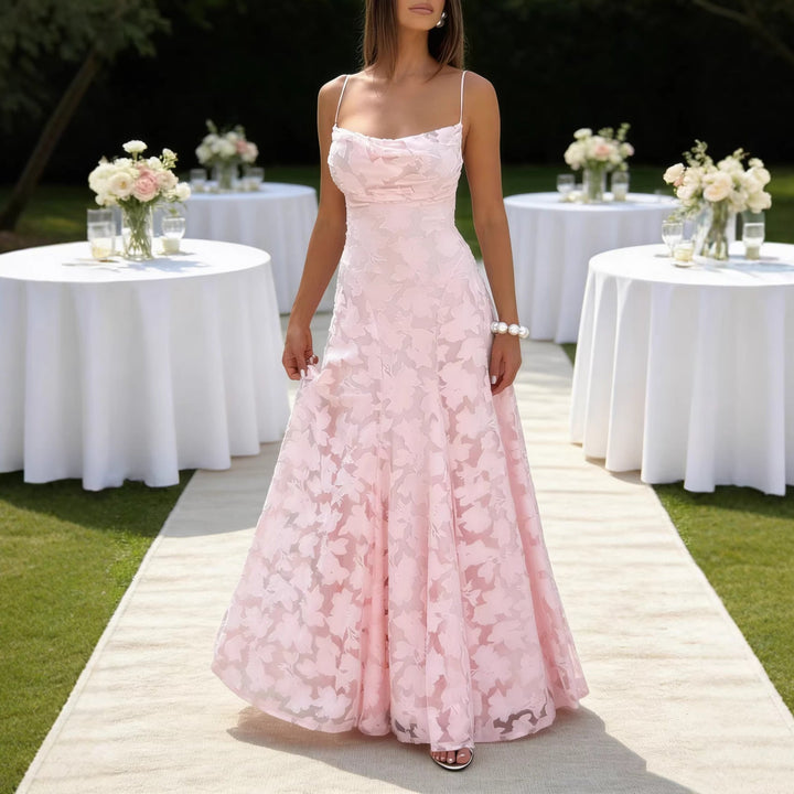 Damen Elegantes Maxikleid mit floralem Spitze-Design und verstellbaren Spaghettiträgern Drune