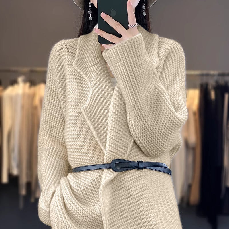 Damen Grobstrick Cardigan mit eleganten Revers und Taillengürtel Drune