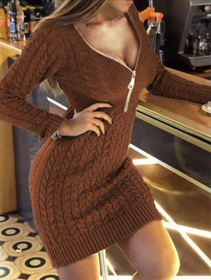 Damen Strickkleid mit engem Schnitt und dekorativer Reißverschlussdetails Drune