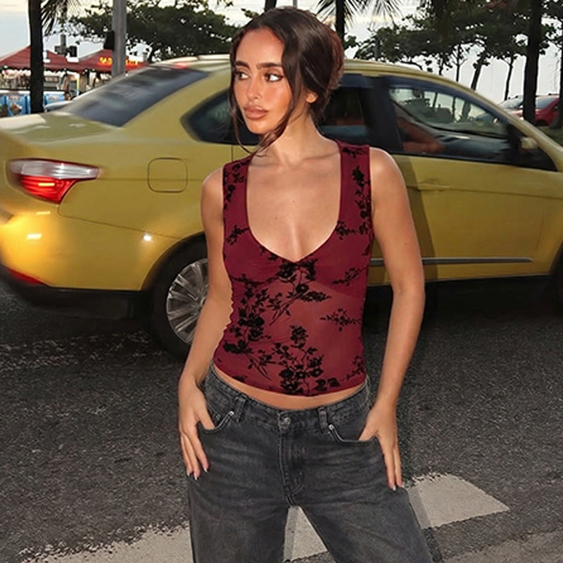 Damen elegantes Spitzentop mit floralem Muster und tiefem V-Ausschnitt Drune
