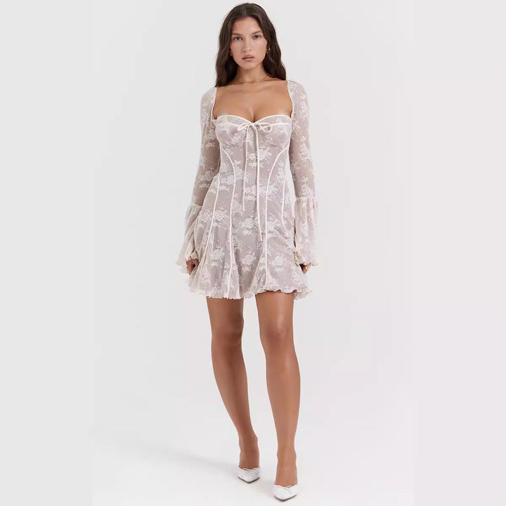 Damen romantisches Spitzenkleid mit Schnürung und flared Ärmeln Drune
