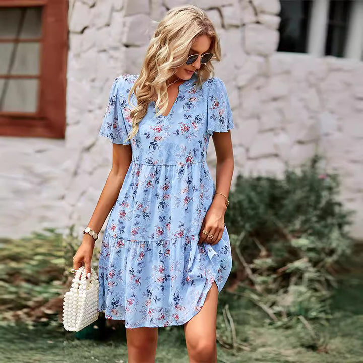 Damen Kurzes Freizeitleinenkleid mit floralen Verzierungen und rüschigem Saum Drune