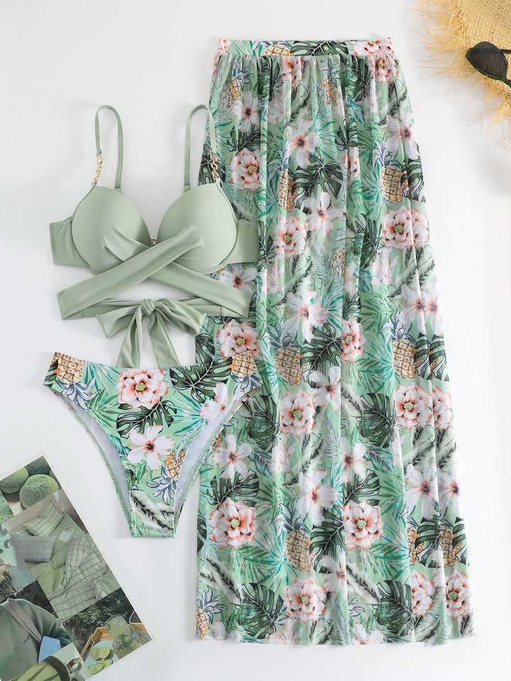 Damen Bikini-Set mit floralem Wickelrock und modischem Oberteil Drune