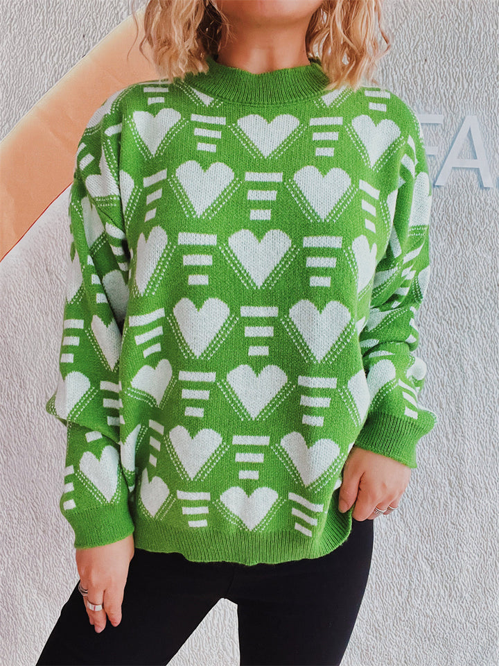 Damen gestrickter Pullover im modernen Herzdesign mit weitem Schnitt Drune