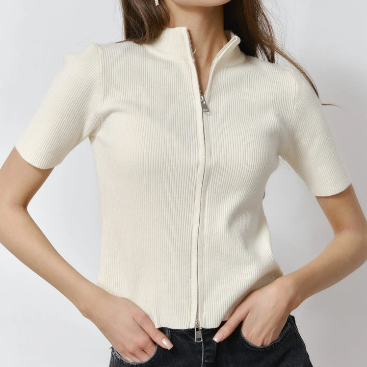 Damen Kurzärmliger Strickpullover mit modernem Reißverschluss Drune