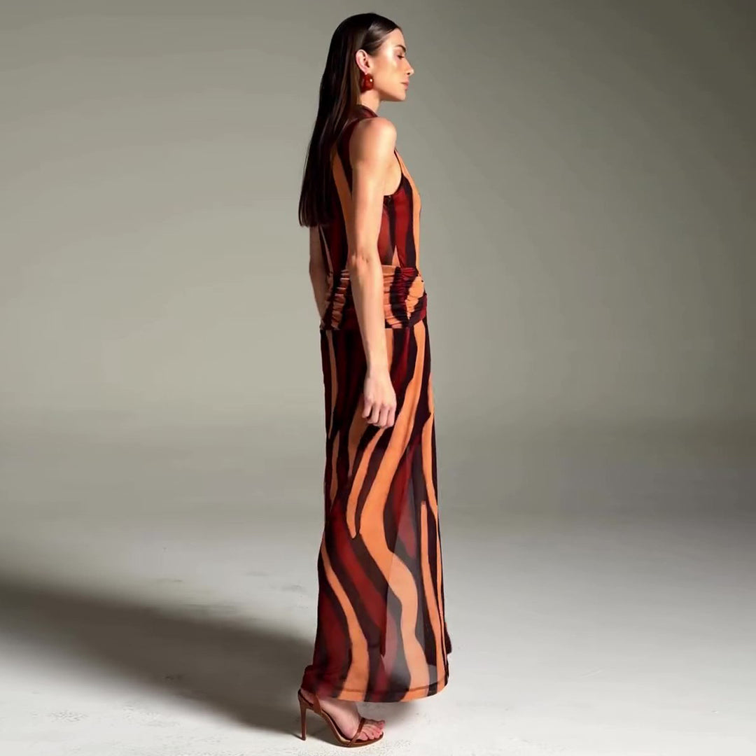 Damen elegantes Maxikleid mit einzigartigem Streifenmuster und hohem Kragen Drune