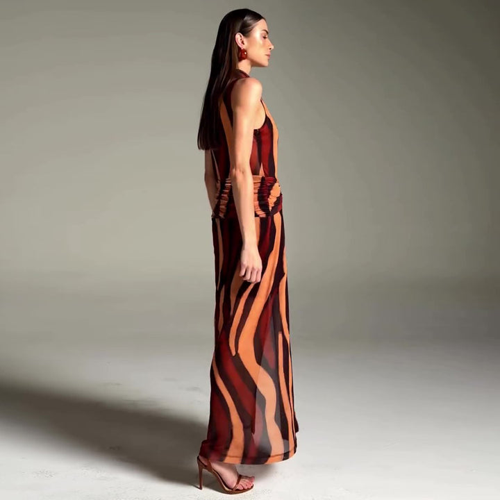 Damen elegantes Maxikleid mit einzigartigem Streifenmuster und hohem Kragen Drune