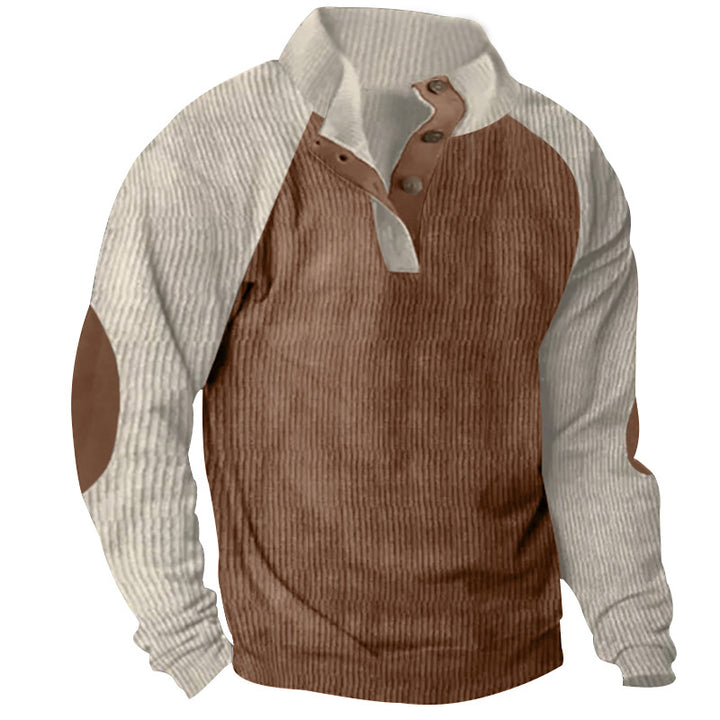 Herren nan strukturiertes Henley-Sweatshirt mit Stehkragen, Raglanärmeln und Ellbogenpatches Drune