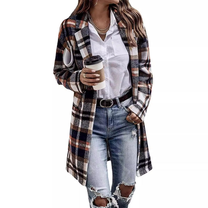 Damen Karierter Oversized-Mantel mit stilvollen Taschen und Umschlagkragen Drune