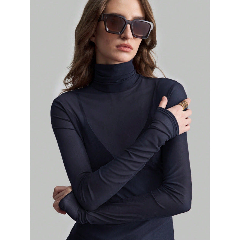 Damen Elegantes langärmliges transparentes Oberteil mit hohem Kragen Drune