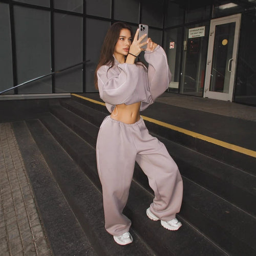Damen sportliches Oversized Hoodie-Set mit hochschließendem Kragen und Gummizug Drune