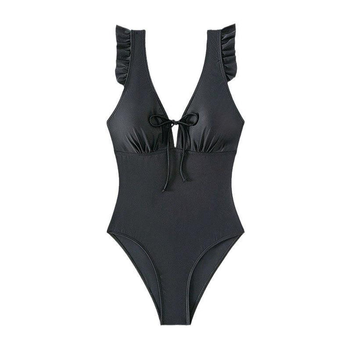 Damen Einteiler Badeanzug mit eleganten Volants und tiefem V-Ausschnitt Drune