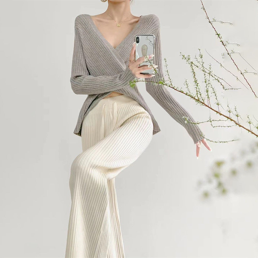 Damen Cross-over Pullover mit tiefem V-Ausschnitt und Rippstruktur Drune
