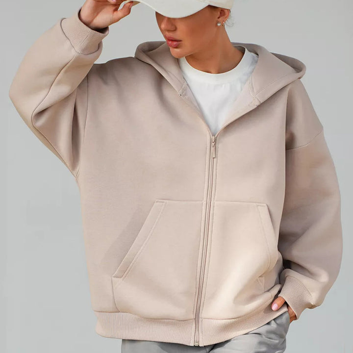 Damen lässiger Kapuzenpullover mit durchgehendem Reißverschluss und großen Taschen Drune