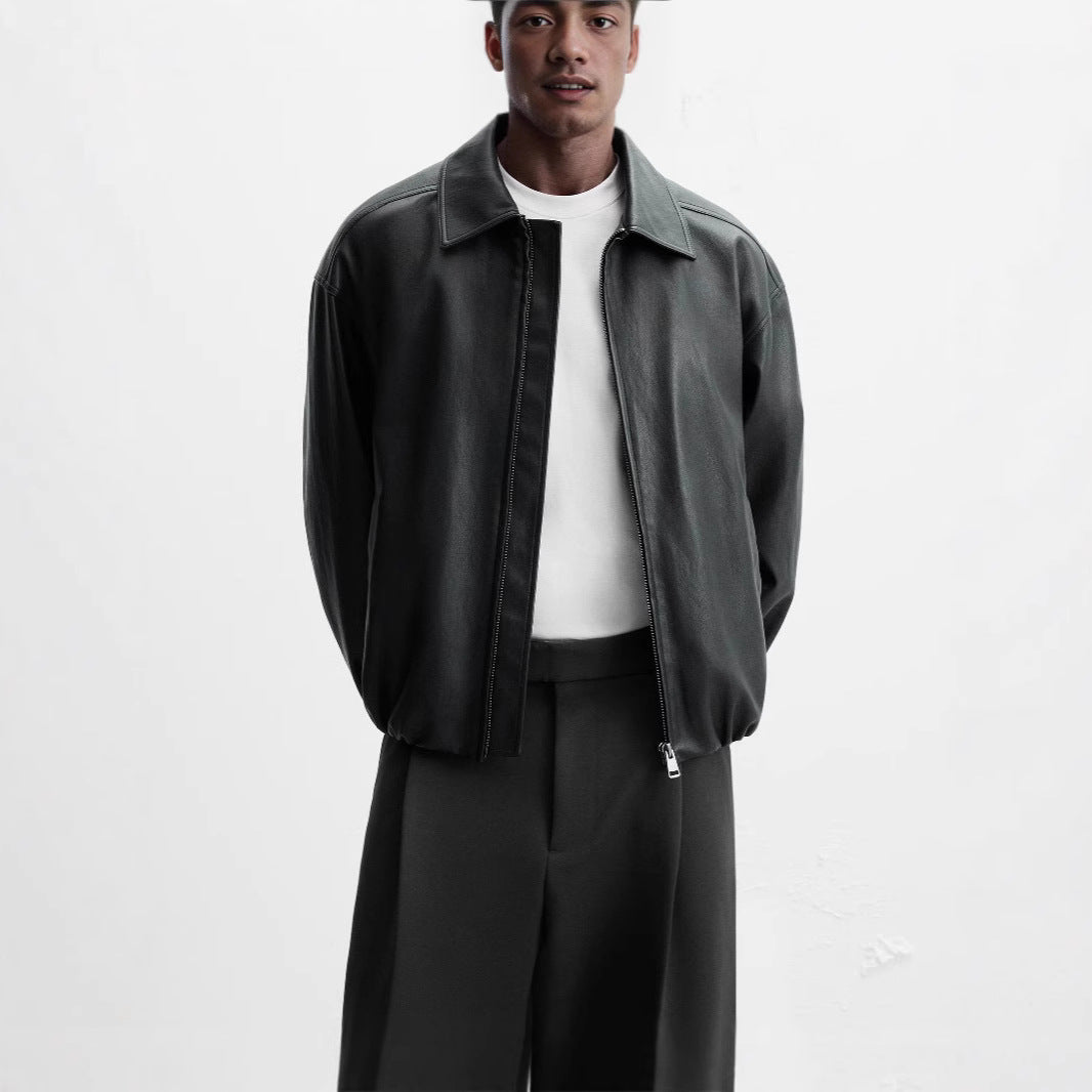Herren elegante Kunstlederjacke mit modischem Stehkragen und seitlichen Eingrifftaschen Drune