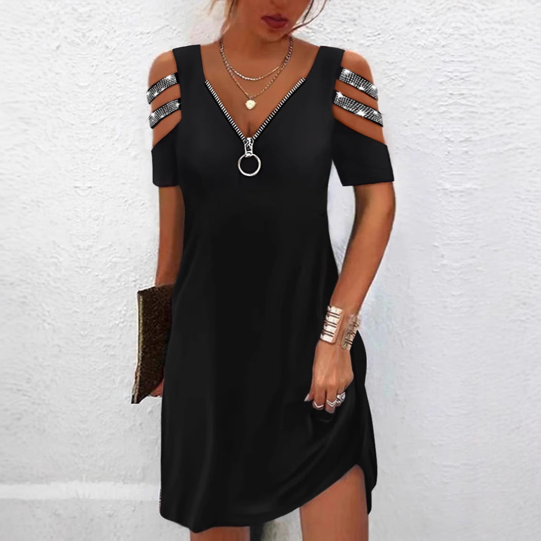 Damen Trendiges Kleid mit schulterfreien Ärmeln und Reißverschlussdetails Drune