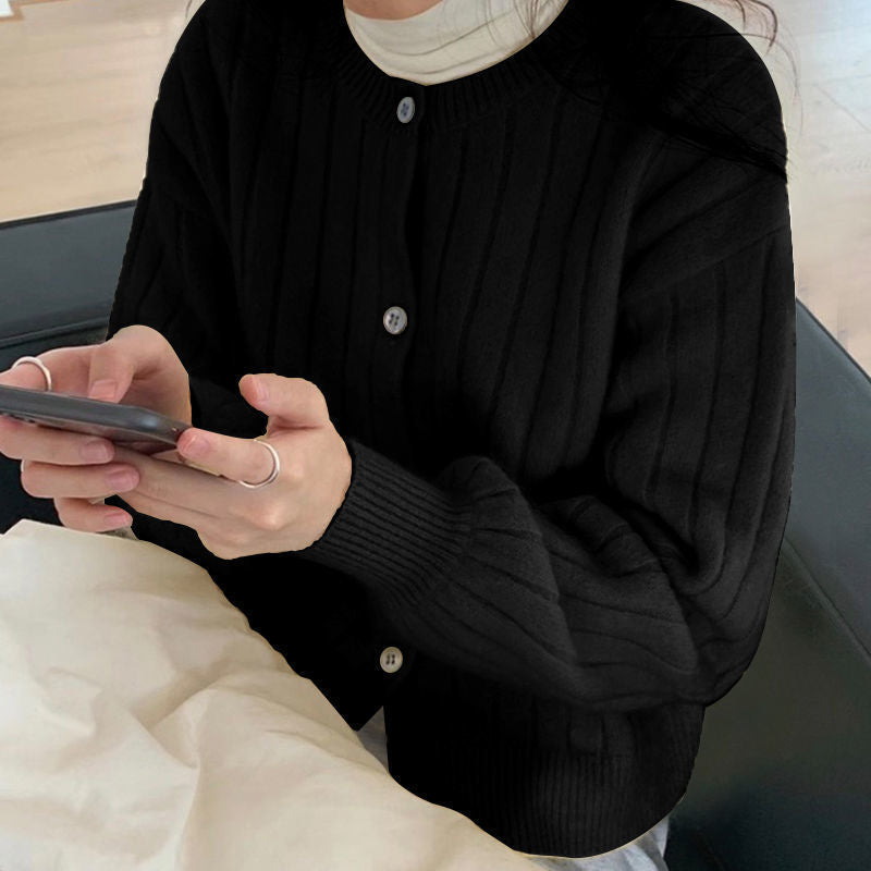 Damen kuschelige Knopfstrickjacke mit Rippstruktur Drune