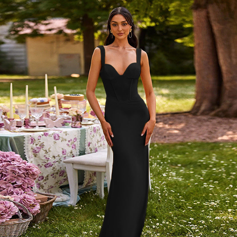 Damen figurbetontes Abendkleid mit schimmerndem Satin und tiefem V-Ausschnitt Drune