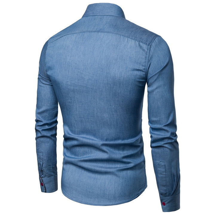 Herren nan Slim-Fit Denim-Hemd mit Brustleistentasche und kariertem Kragenfutter Drune