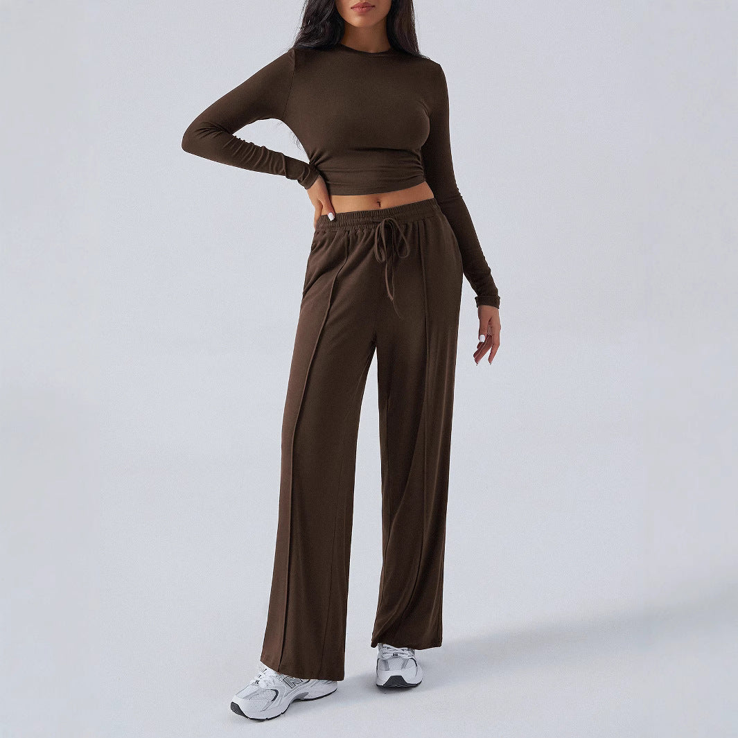 Damen lässiges Lounge-Set mit langärmligem Crop-Top und weitem Bund Drune